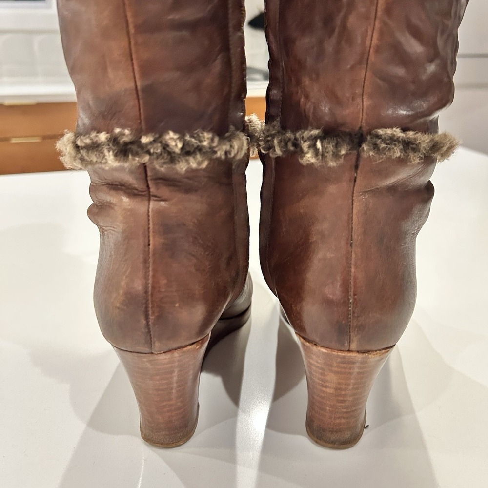 Henri Cuir Long Boots Rare Brown Leather Side Zip Fur Trim Wedge Heel Size 7 38 - Picture 7 of 13